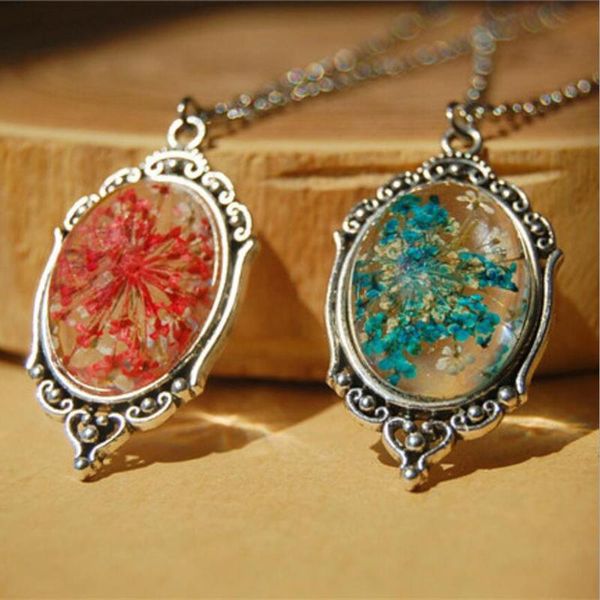 

1PC Hot Sale Tibetan Sliver Dried Flower Cabochon Glass Necklace Choker Retro Jewelry Gift, Golden;silver