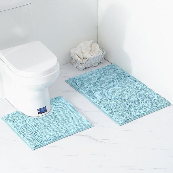 

2 piece rugs and mats floor mat blue plush bathroom carpet anti-slip chenille bathroom rug outdoor shower room toilet door mat1