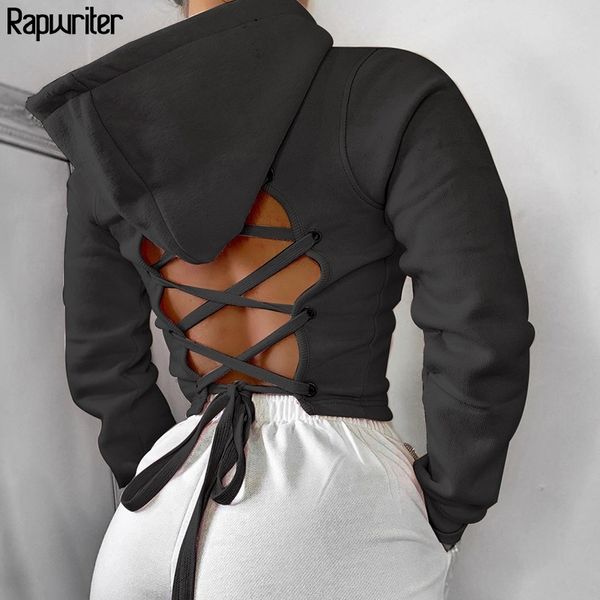 

cross bandage tie up backless black pink hoodie sweatshirt women autumn long sleeve harajuku hoodies pullover crop 201103