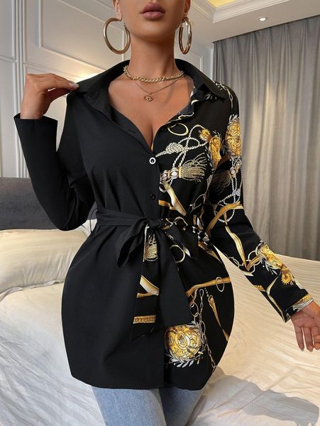 

sxy chain print belted blouse k8bi#, White