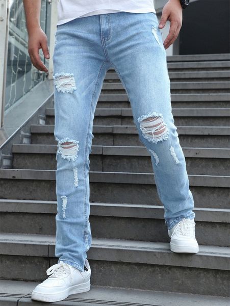 

men ripped detail straight leg jeans f8xn#, Blue