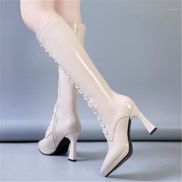 

long boots women patent leather 10 cm high heels side zip pointed toe winter warm pumps women knee high boots black beige 34-391