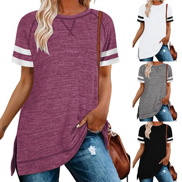 

2021 summer women's new round neck split short sleeve ribbon splicing casual t-shirt, White