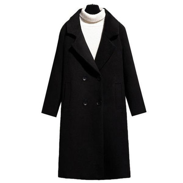 

black coat women button pockets v-neck double breasted loose solid long wool coat fashion woman coats winter plus size 201103