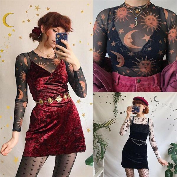 

2019 new women floral mesh sheer long sleeve t-shirt crop turtleneck sun pattern see through summer t-shirt outwear, White