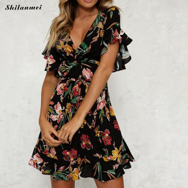 

summer beach dress women 2019 casual folwer print chiffon v-neck robe female boho dress ladies party vestidos1, Black;gray