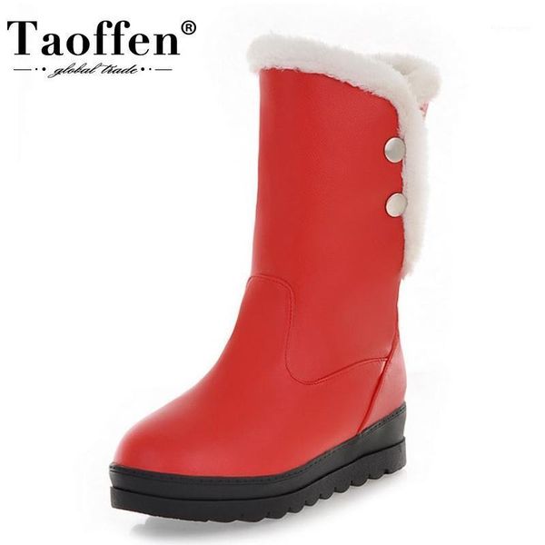 

boots taoffen size 34-42 women mid calf flats slip on round toe shoes plush fur warm winter fashion party footwear1, Black
