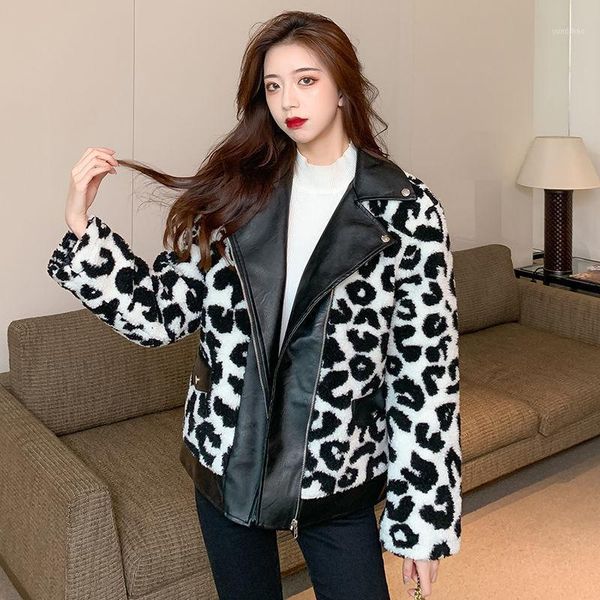 

lamb wool coat female new barbaric little leopard print motorcycle jacket quilted plush short, Black;brown