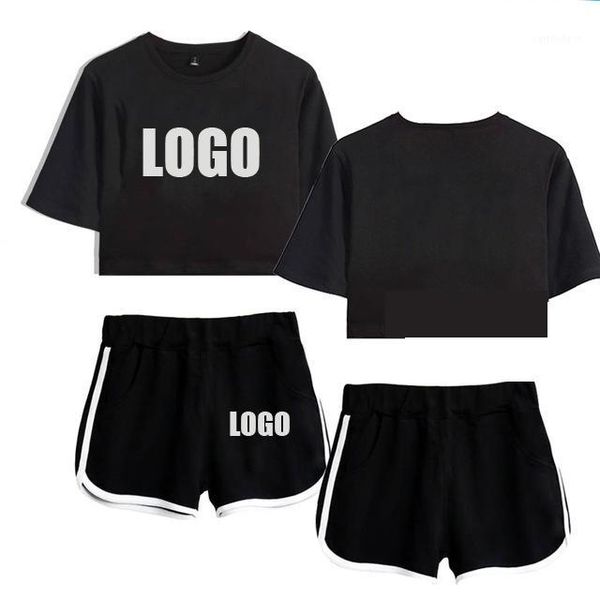 

two piece dress customize logo set summer cotton short sleeve t-shirt 2 women crop + shorts made 12599-txdk1, White