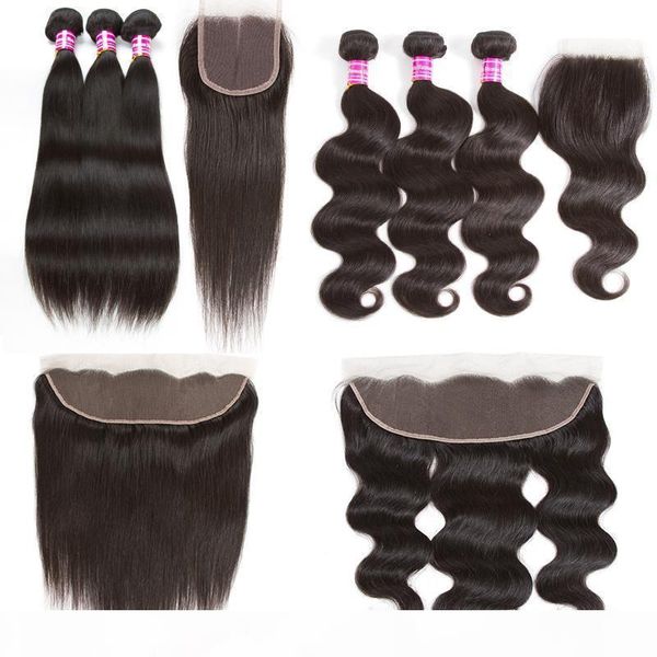 

2018 peruvian virgin human hair body wave and straight 3 bundle and 13x4 lace frontal 4x4 lace closure human hair weave 4pcs, Black;brown