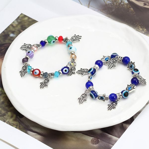 

antique silver plated fatima hand charm bracelet blue evil eye beads strands bracelets jewelry, Golden;silver