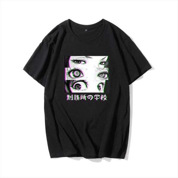 

japanese prison school print t shirt letter large size female casual harajuku fun black short sleeved summer ulzzang gothic tee, White
