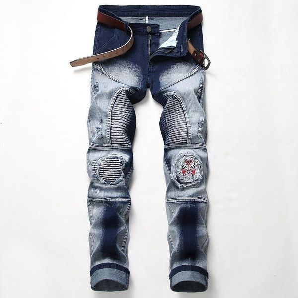 

1j nostalgic motorcycle jeans men's elastic foreign trade hole badge original personalized men's fashion pants wholesale jeans1, Blue