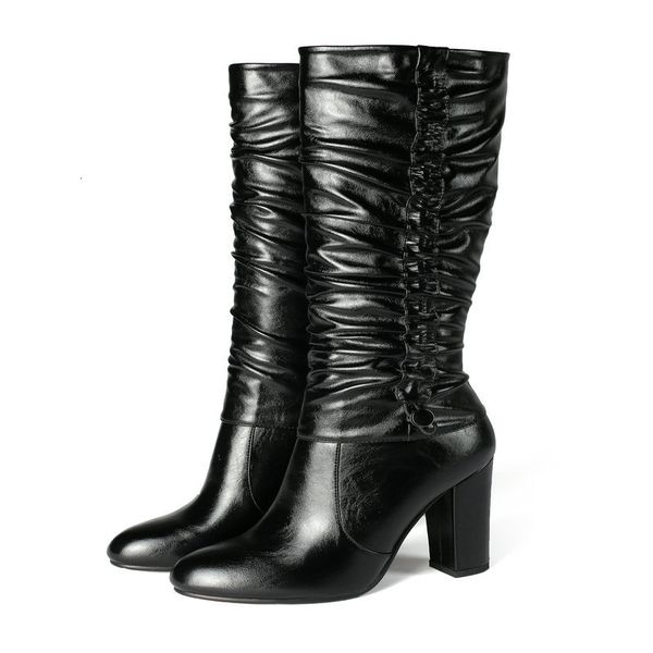 

2021 new knee autumn winter hoof high heel fashion long boots pu leather women shoes size 34-43 2eh9, Black