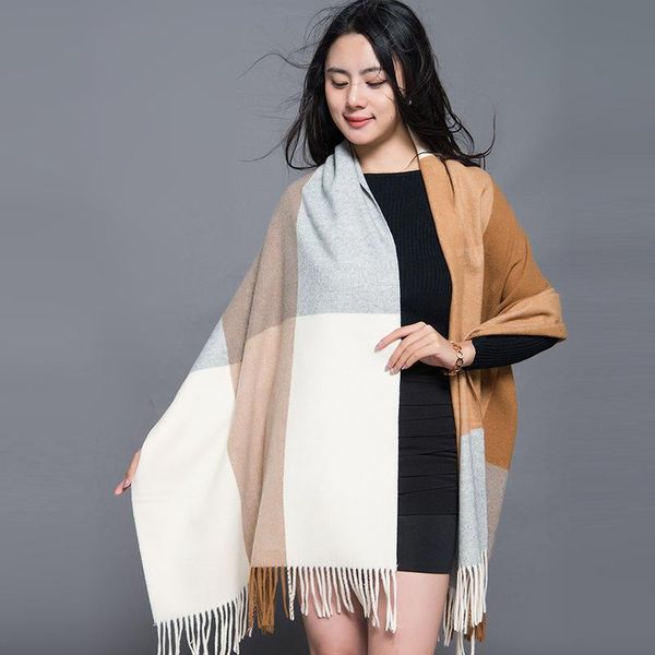 

scarves wool scarf women winter thickening and warmth korean version all-match autumn pink plaid cute girl cashmere shawl bufanda, Blue;gray
