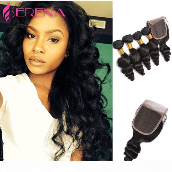 

7a brazilian virgin hair bundles with lace closure double weft human hair extensions remy hair weave loose wave wavy ing, Black;brown