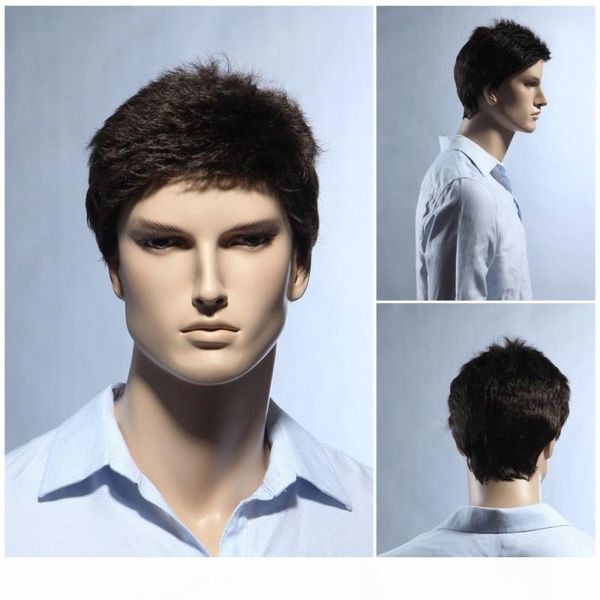 

100% real natural hair men short full virgin black wig hairpiece toupee rj-364