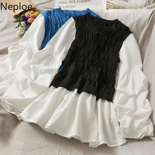 

neploe 2020 women blouses patchwork contrast color shirt korean fashion pleated sleeve blouse slim fit blusas 1, White