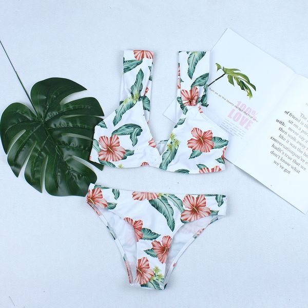 

2019 new fashion floral split high waist bikini swimsuit women, White;black
