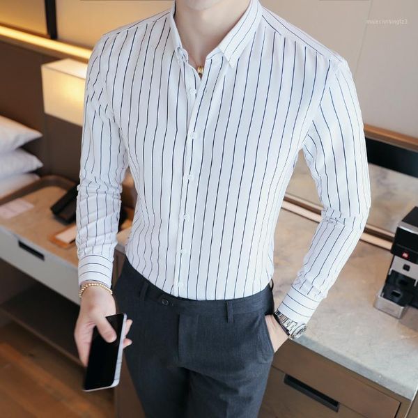 

men's casual shirts 2021 spring classic men striped dress shirt long sleeve mens business formal office plus size 5xl male smart shirt, White;black