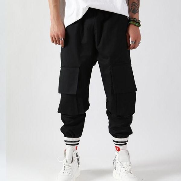 

2020 new men's solid color multi-pocket overalls cotton casual feet japanese retro harem pants, Black