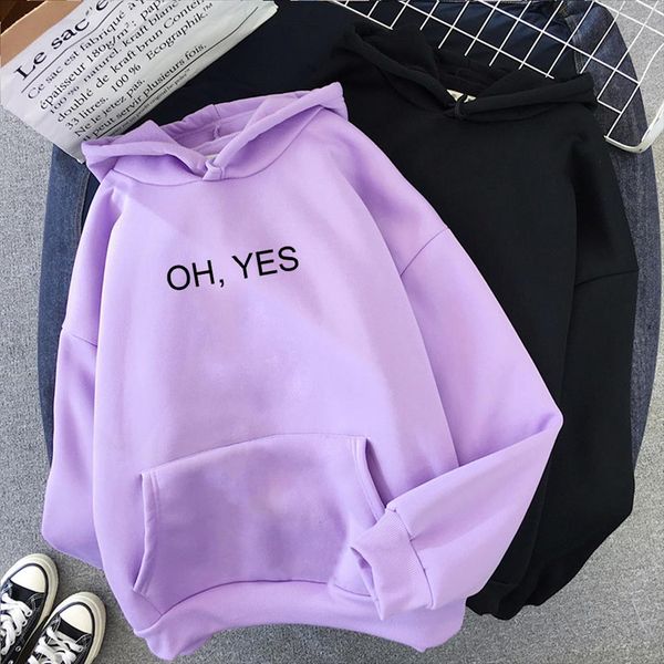 

2020 fashion autumn winter oh yes letter print women hoodies harajuku pullover kpop loose sweatshirts female casual simple coat, Black