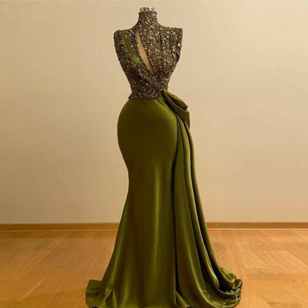 Bescheidene olivgrüne Meerjungfrau-Abendkleider 2020, hoher Kragen, Pailletten, Perlen, lange Ballkleider, echtes Bild, formelles Partykleid