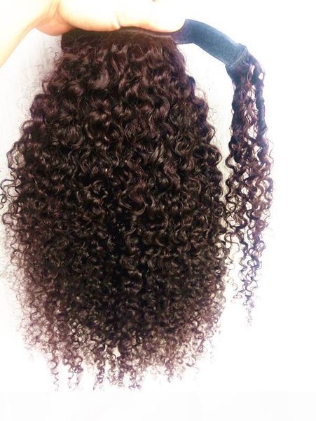 

new arrive brazilian human virgin remy kinky curly ponytail hair extensions clip ins dark brown color 100g one bundle, Black