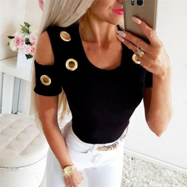 

women's summer solid color button round neck short sleeve casual t-shirt black  size1, White