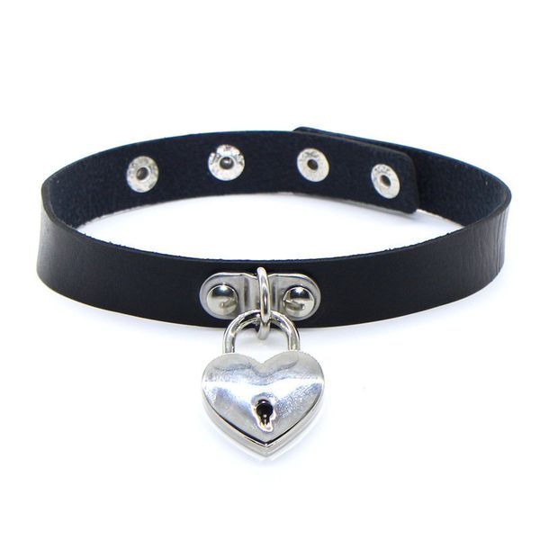 

black leather heart lock key choker necklaces collar women gothic padlock on neck lock goth jewelry collier femme, Silver