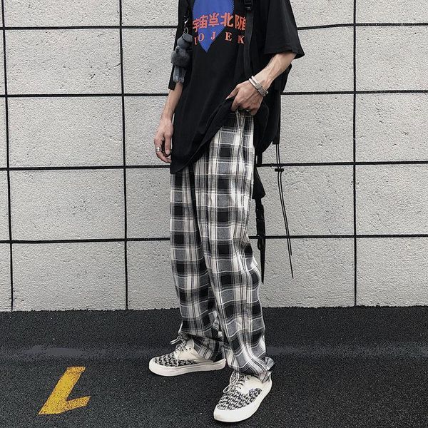 

autumn plaid pants men's fashion retro straight casual pants men streetwear loose hip-hop stretch waist trousers mens m-xl1, Black