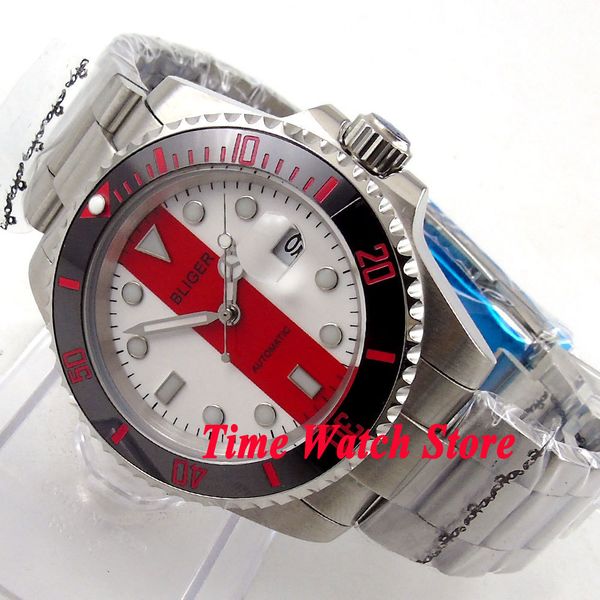 

40mm white red dial date luminous saphire glass ceramic bezel automatic movement men's watch bl121, Slivery;brown