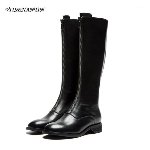 

autumn winter new knee-length boots women's front zipper retro flat-heeled high-heeled boots british thick-heeled knight1, Black