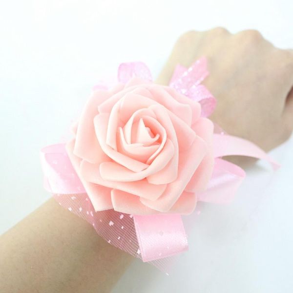 

flone artificial roses flowers wedding decoration wrist flower pink bridesmaid silk corsage hand flowers wedding floral