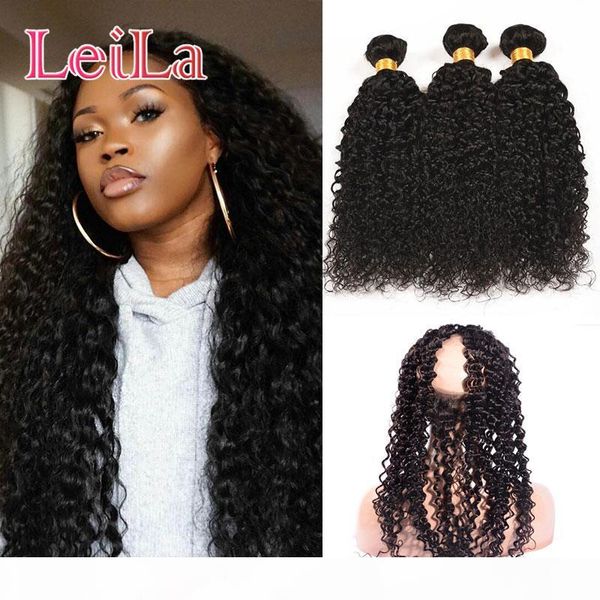

brazilian virgin hair 3 bundles with 360 lace frontal pre plucked kinky curly lace band 4 pieces lot human hair, Black;brown