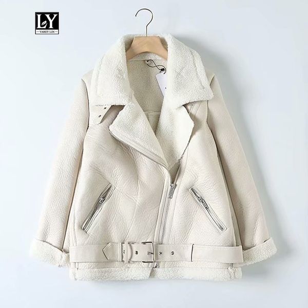 

ly varey lin winter warm faux soft leather jacket lamb fur loose overcoat women motorcycle zipper black white thickness outwear 201030