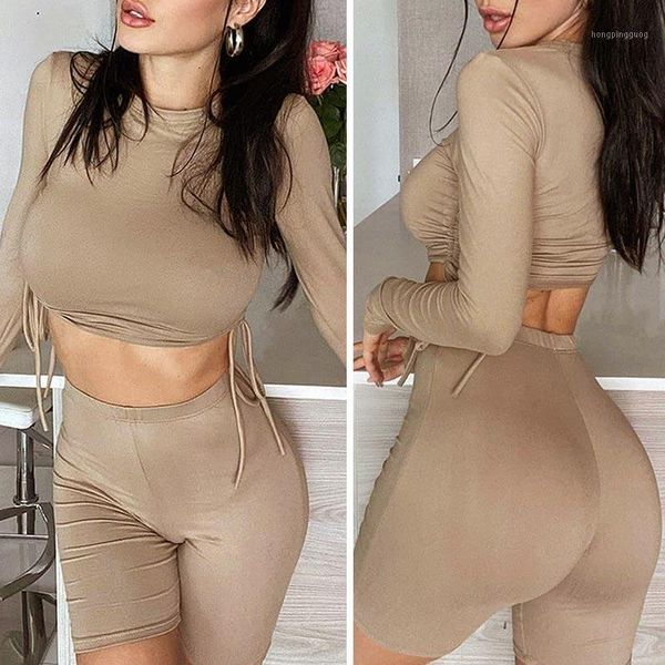 

women long sleeve suit bandage round neck elastic crop shorts 2-pieces sets casual sports sets khaki1, Gray