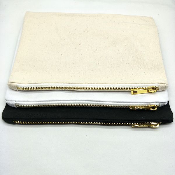 

7x10inch blank lined canvas makeup bag black/white/ivory cosmetic bag with gold metal zip stock available toiletry bag directly from factory