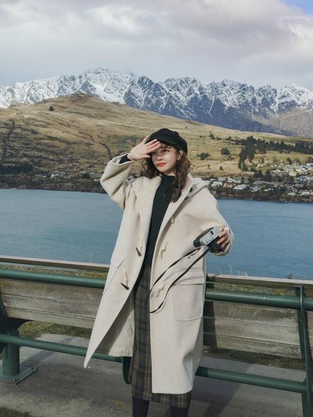 

2021 autumn winter blue long woolen coat women loose casual fashion hooded single-breasted wool blend coat1, Black
