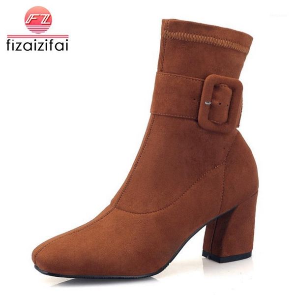 

boots coolcept woman winter shoes genuine leather ankle ladies buckle short women thick heels footwear size 34-391, Black