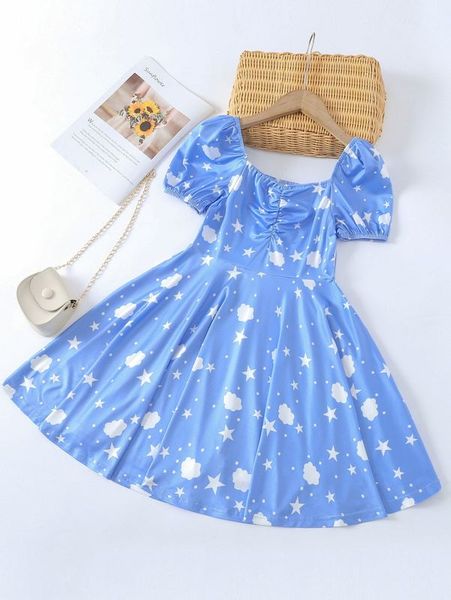 

girls star & polka dot print ruched puff sleeve dress she, Red;yellow