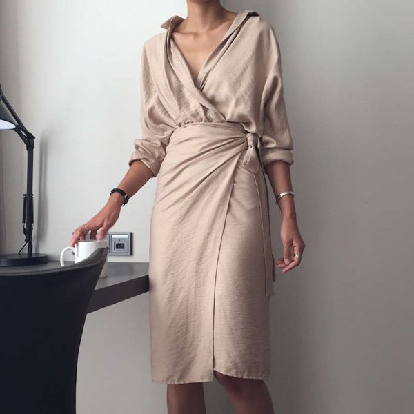 

new irregular hip band v-neck long sleeve solid dress, Black;gray