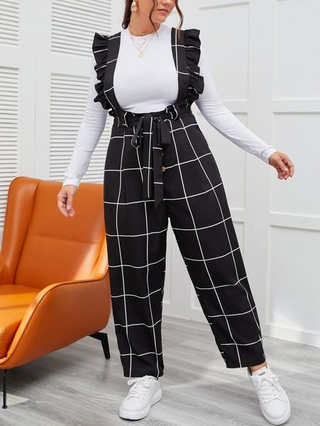 

plus plaid ruffle trim tie front jumpsuit v8cu#, Black