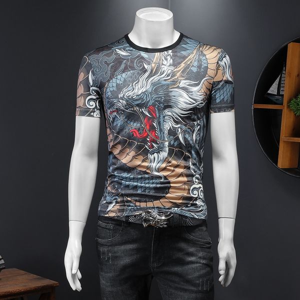 

2022 summer new ice silk animal print short-sleeved t-shirt men's round neck cotton fashion trend slim bottoming shirt, White;black