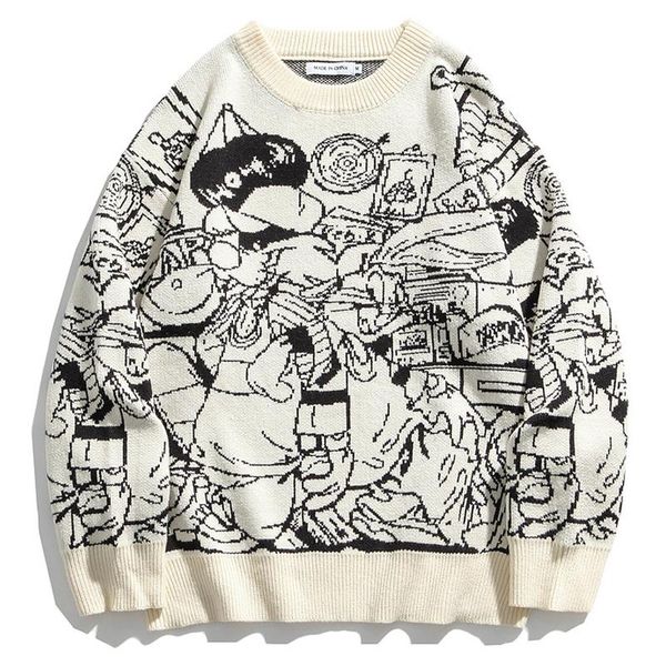 

men retro graffiti knit sweaters streetwear 2020 winter casual vintage loose knitwear couple oversize pullover sweater, White;black
