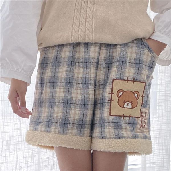 

soft girl winter warm shorts kawaii bear women wool shorts mori girl vintage plaid cute cartoon fluffy woollen bottom, White;black