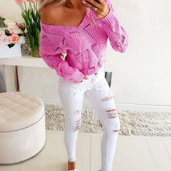 

2020 autumn winter sweater women fashion hollow out design see throough v-neck long sleeve solid color casual loose knitted, White;black