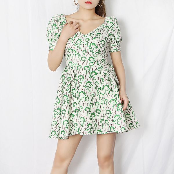 

2020 summer dress flora print v neck yellow green fashion womens dress mid calf yuqi, Black;gray