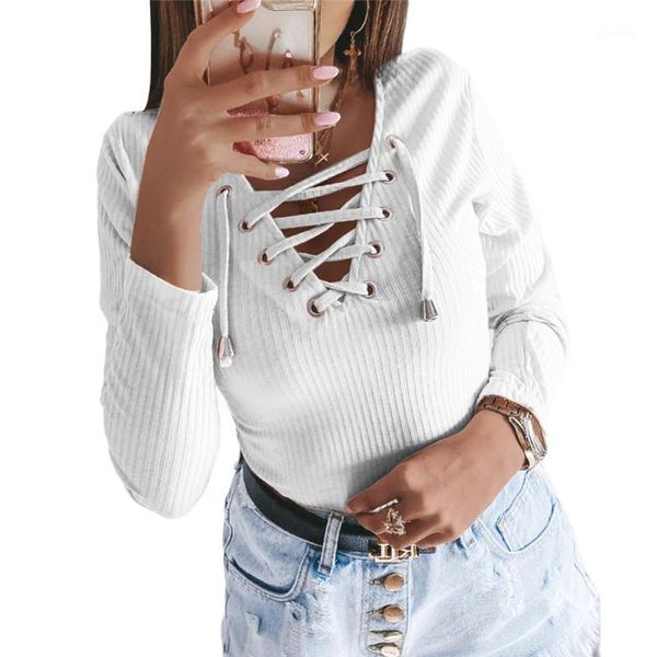 

women solid color t-shirt long sleeve v-neck lace-up pullover autumn slim clothes1, White