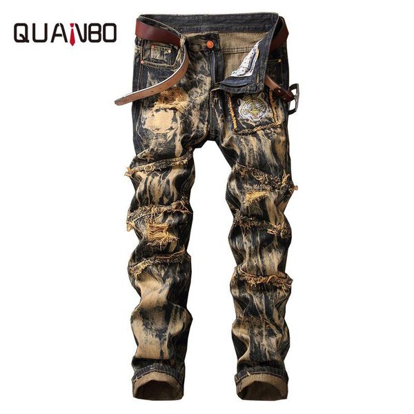 

quanbo brand clothing 2021 new men european and american style vintage ripped jeans fashion animal pattern straight jeans 40 42, Blue